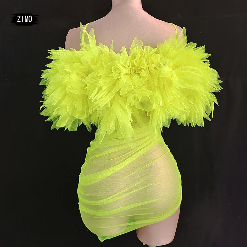 2022 neon green mesh dress sexy spaghetti strap See-through Detachable with tail party wedding birthday outfits for women stage