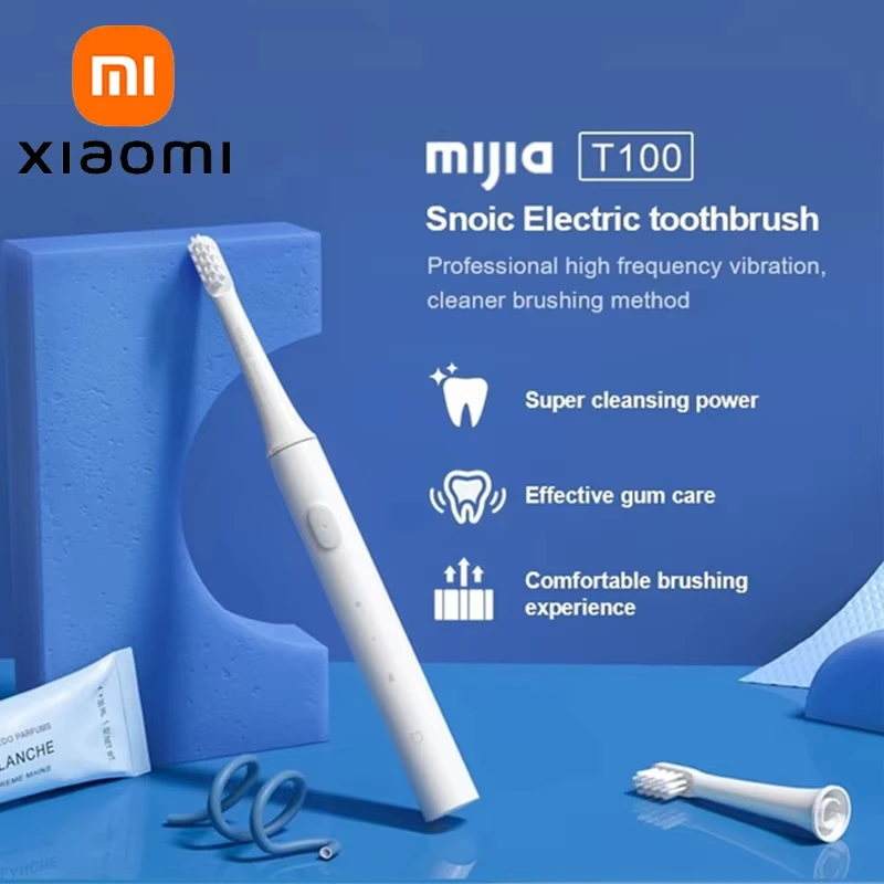 Xiaomi mijia sonic escova de dentes elétrica t100, bateria de 30 dias, vibração de 16500rpm, usb recarregável ipx7 escovas de dentes à prova