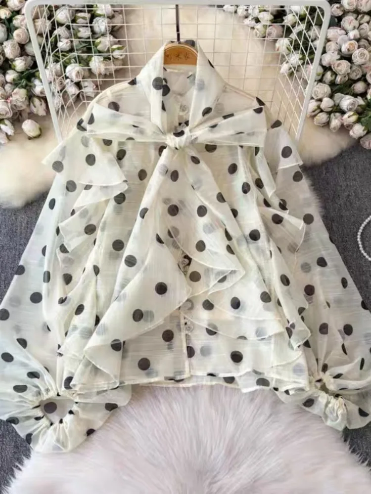 

Boboho Women's Polka Dot Elegant Shirt Lace-up Collar Puff Sleeves See-through Blouse Female Elegant Party Wear T-shirt