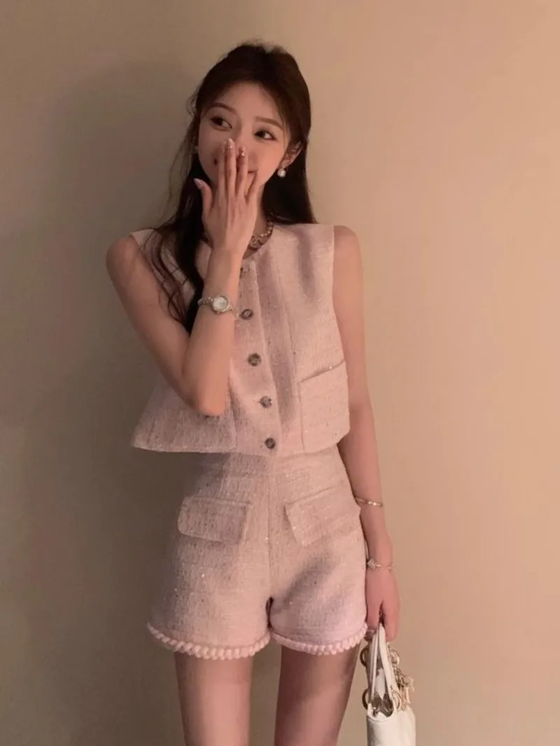 

Casual Pants Suit Women's Summer Sequins Sleeveless Pink Vest High Waisted Wide Leg Shorts Two-piece Set Fashion Female Clothes