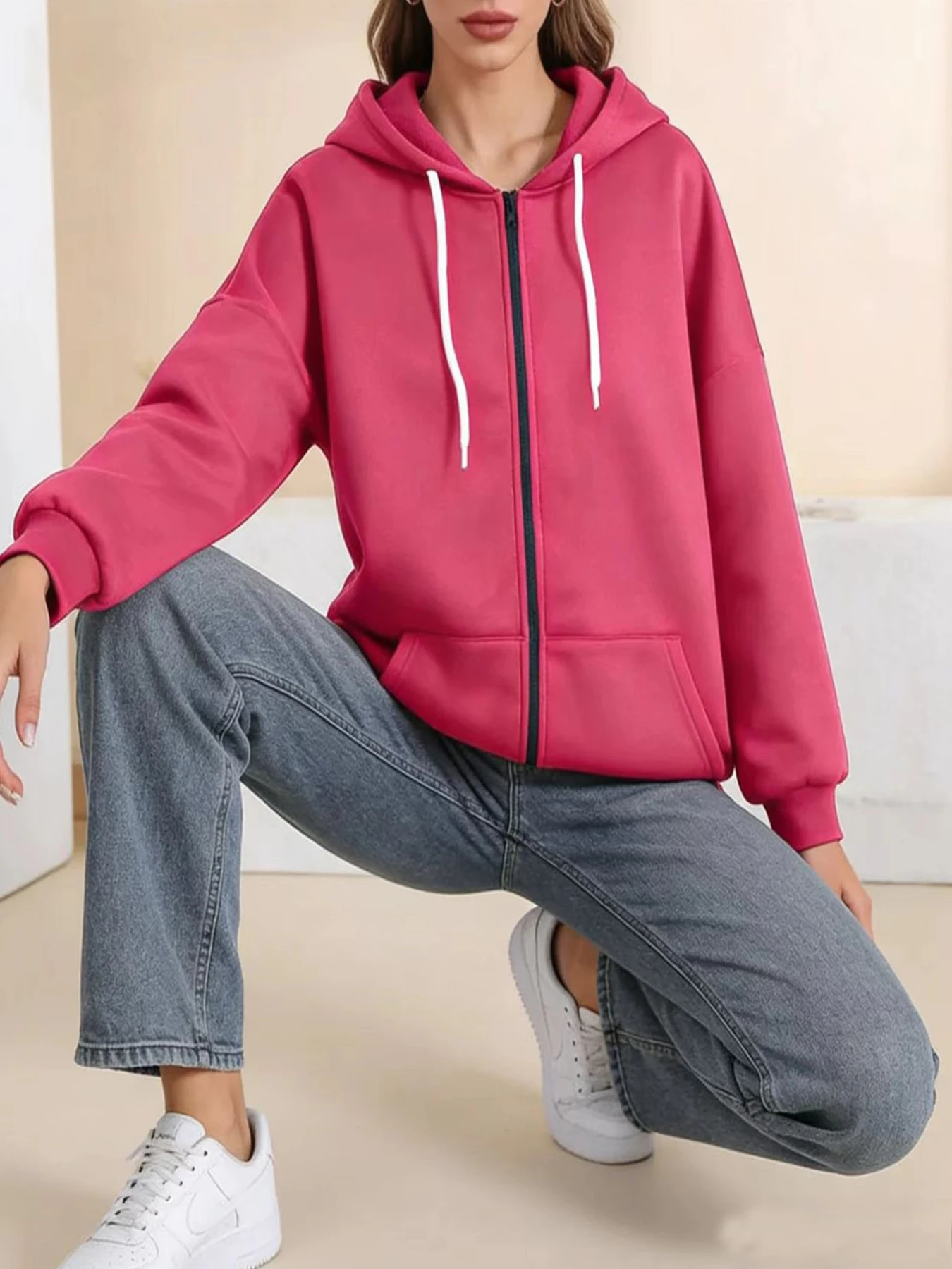 Plus-Size Long-Sleeve Solid Color Jacket, Zipper, Pockets, Hooded Drawstring Sweatshirt Plus Size Clothing