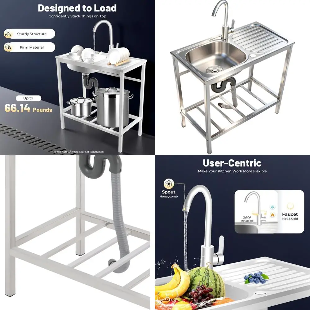 

Portable Stainless Steel Laundry Tub with Integrated Cleaning Table and Storage Shelves for Outdoor, Garage, and Kitchen Use