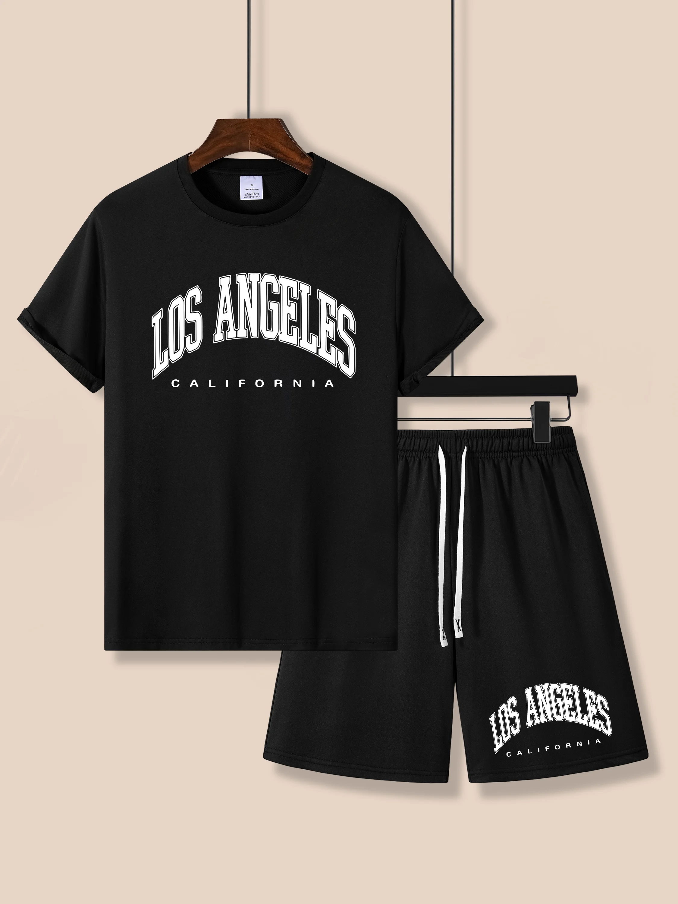 LOS ANGELES, Print Men\'s 2pcs Casual Comfy Set, Short Sleeve T-shirt & Shorts Outfits,  Comfortable Clothes For Summer