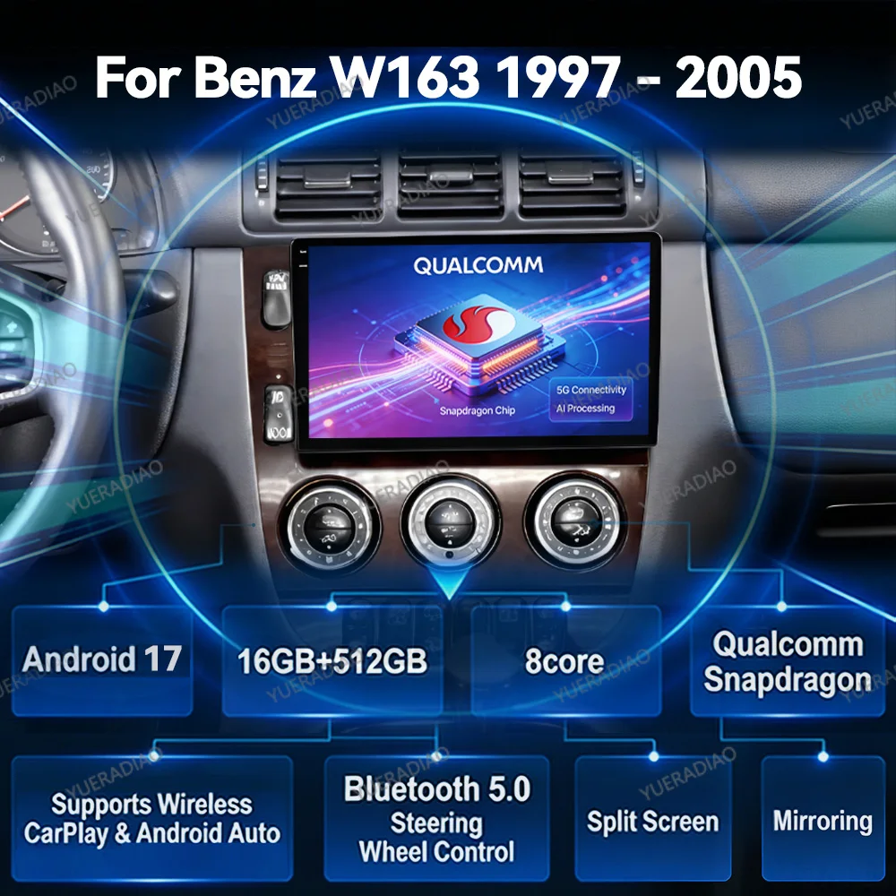 Android 17 Car Radio For Mercedes Benz M-Class W163 ML 1997 - 2005 BT Multimedia Video Player Carplay & Android Auto GPS NAVI FM
