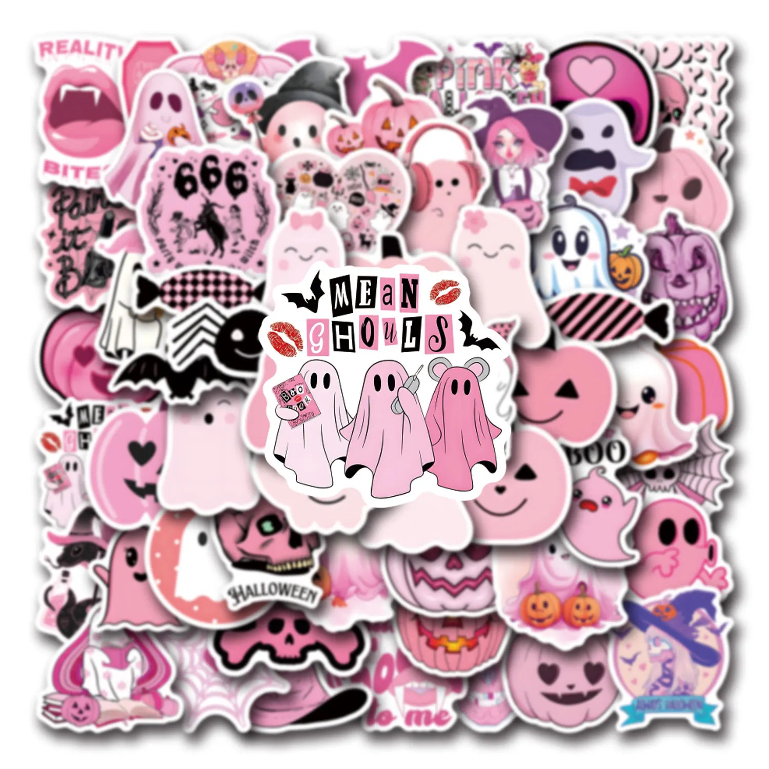 50PCS Cute Pink Halloween Ghost Skull Pumpkin Stickers DIY Stickers Scrapbooking Phone Luggage Skateboard  Waterproof Decals