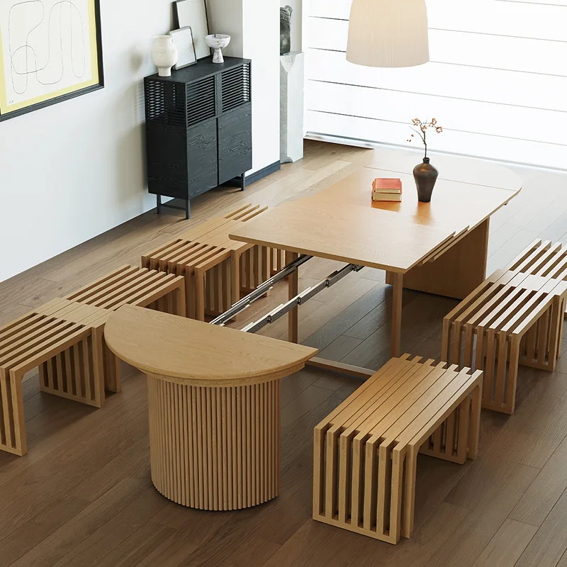 Log color wind solid wood retractable rectangular dining table 3 meters home size apartment 10 people multi-functional round