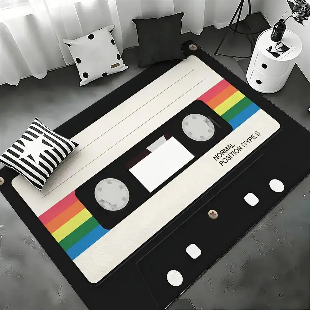 VIKAMA Retro Red Cassette Tape Music-Themed Floor Mat Bedroom Living Room Flannel Door Mat Non-Slip Home Decor