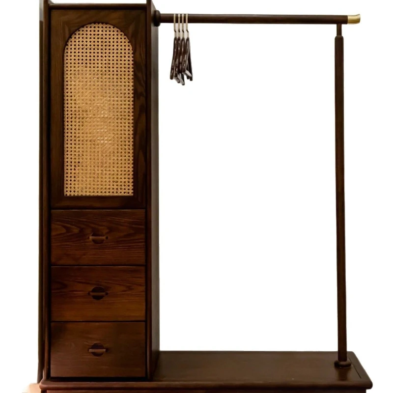 

Rattan wardrobe ash wood coat rack cabinet simple household floor type integrated hanger cabinet