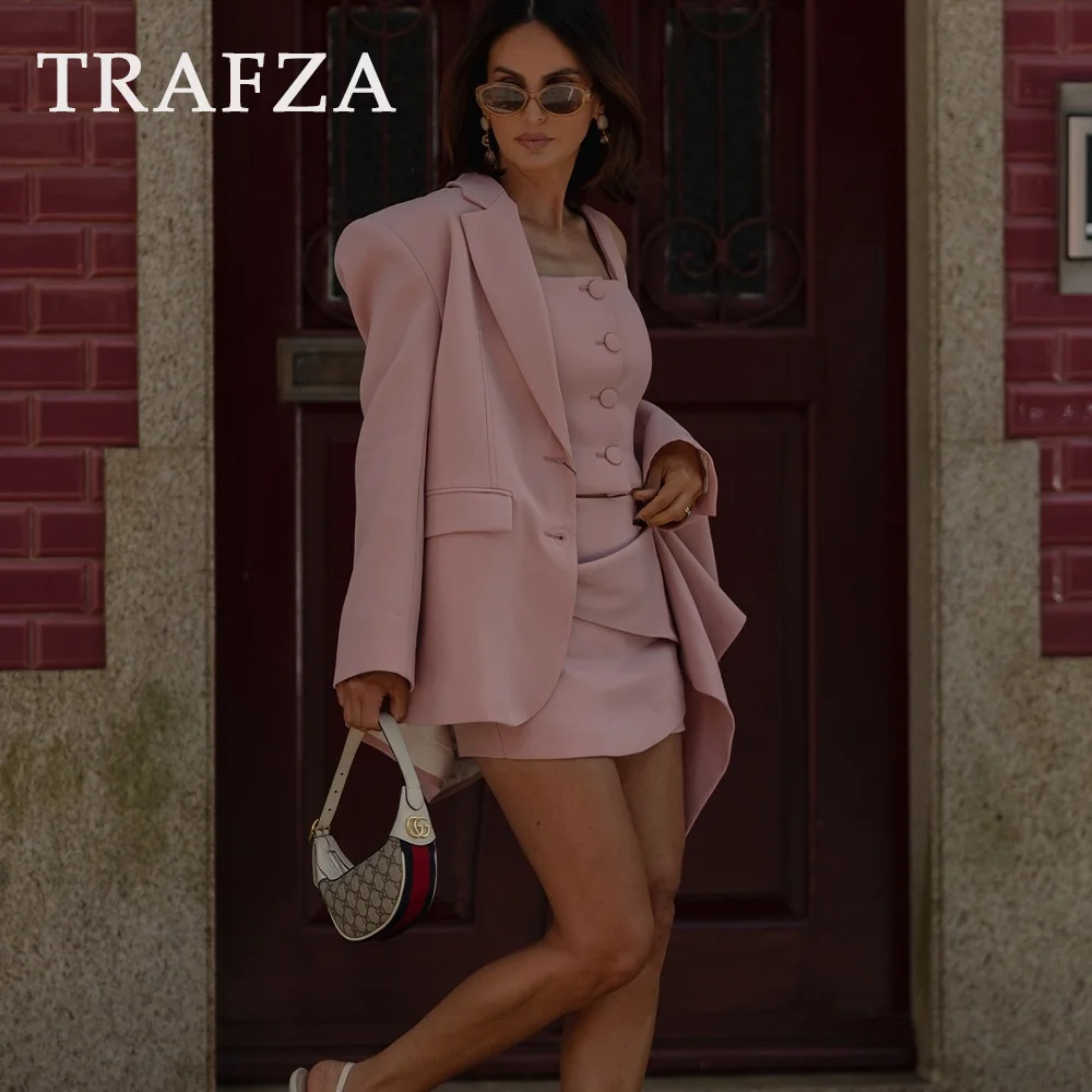 TRAFZA 2024 primavera estate Solid Office Lady Suits Fashion Shrug blazer monopetto + gilet corti Slim + pieghe Mini gonne corte