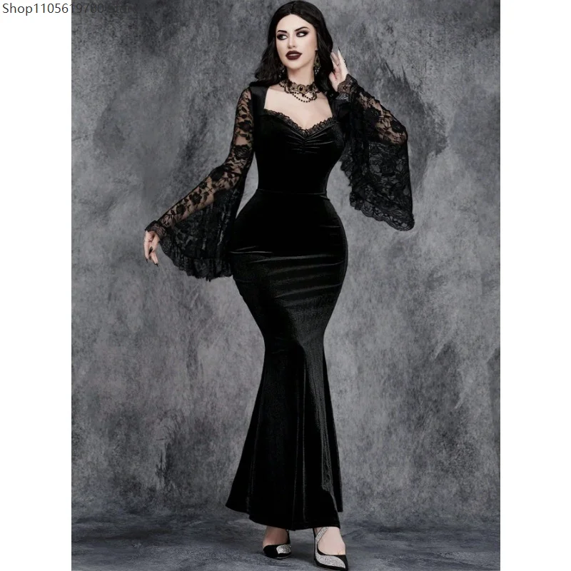 Halloween-Party-Kostüm Gotisches Elegantes Punk-Kleid mit Trompetenärmeln Sexy Schlankes Spitzen-Patchwork-Kleid Vampir-Hexen-Kostüm mit V-Ausschnitt Cosplay Dunkler Samt