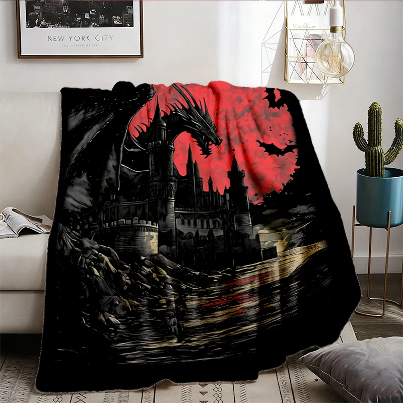 Dragon Flannel Blanket Medieval Graphic Flannel Throw Gift for Everyone Dark Fantasy Cozy Blanket Gothic Warm Blanket Gr