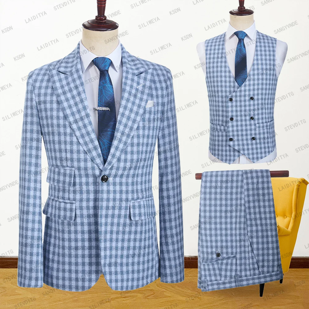 

2023 Men Suit 3 Pieces Blue Check Classic Pattern Fahion Business Sets Linen Slim Fit Formal Coat Vest Pants Single Breasted