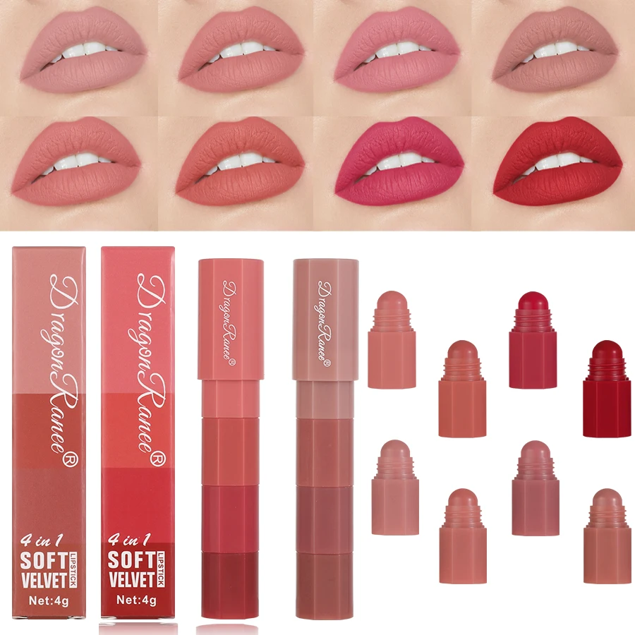 Ensemble de 4 pièces de rouge à lèvres Crayon velours mat quatre stylos à lèvres Mousse couleur nue Mini rouges à lèvres portables 4 en 1 maquillage de rouge à lèvres
