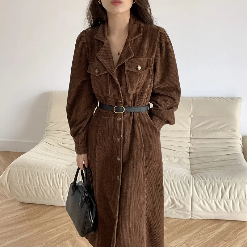 Women Autumn Elegant Long Corduroy Shirt Dress with Belt 2022 Female Full Sleeved Single Breasted Slim Waist A-line Midi Dresses