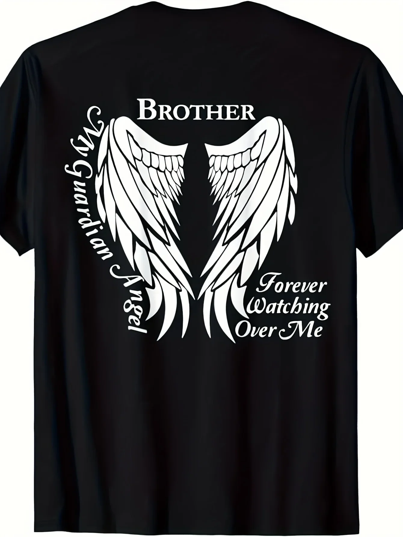 Brother Guardian Angel Memorial T-Shirt Loss of Brother Gift Comfortable Breathable Unisex Shirt with Angel Brother Name Design Casual Round Neck Top for Bereavement Remembrance Retro Casual Short-Sleeved T-Shirt with Round Neck and Printed Pattern