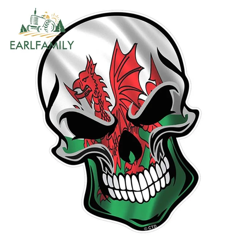 EARLFAMILY Gothic Biker Skull with Italy Italian Tricolore Flag Motif External 3D Blue Flames Decal Rust Rusty Car Stickers
