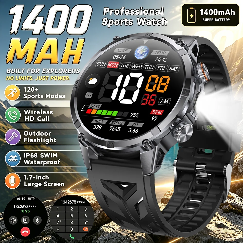 New 1400mAh Military Smart Watch For Men Women Waterproof Health Custom Dial Flashlight Outdoor Sports Smart Watch Man
