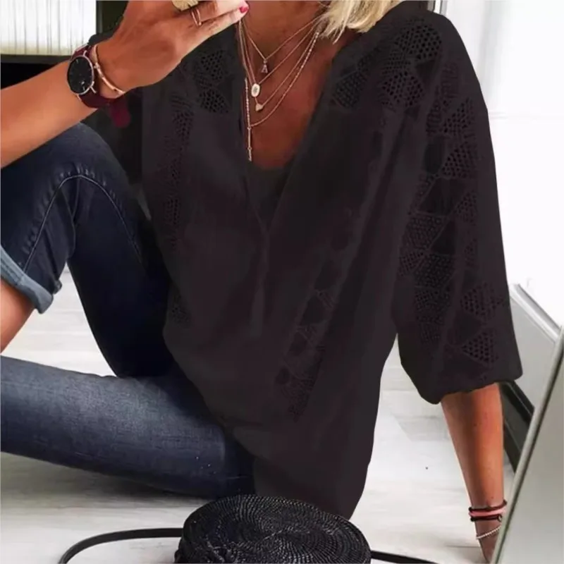 Elegant U-neck 7-quarter Sleeve Top For Women Spring Summer Fashion Solid Color Lace Hollow Splicing Shirt T-shirt Female