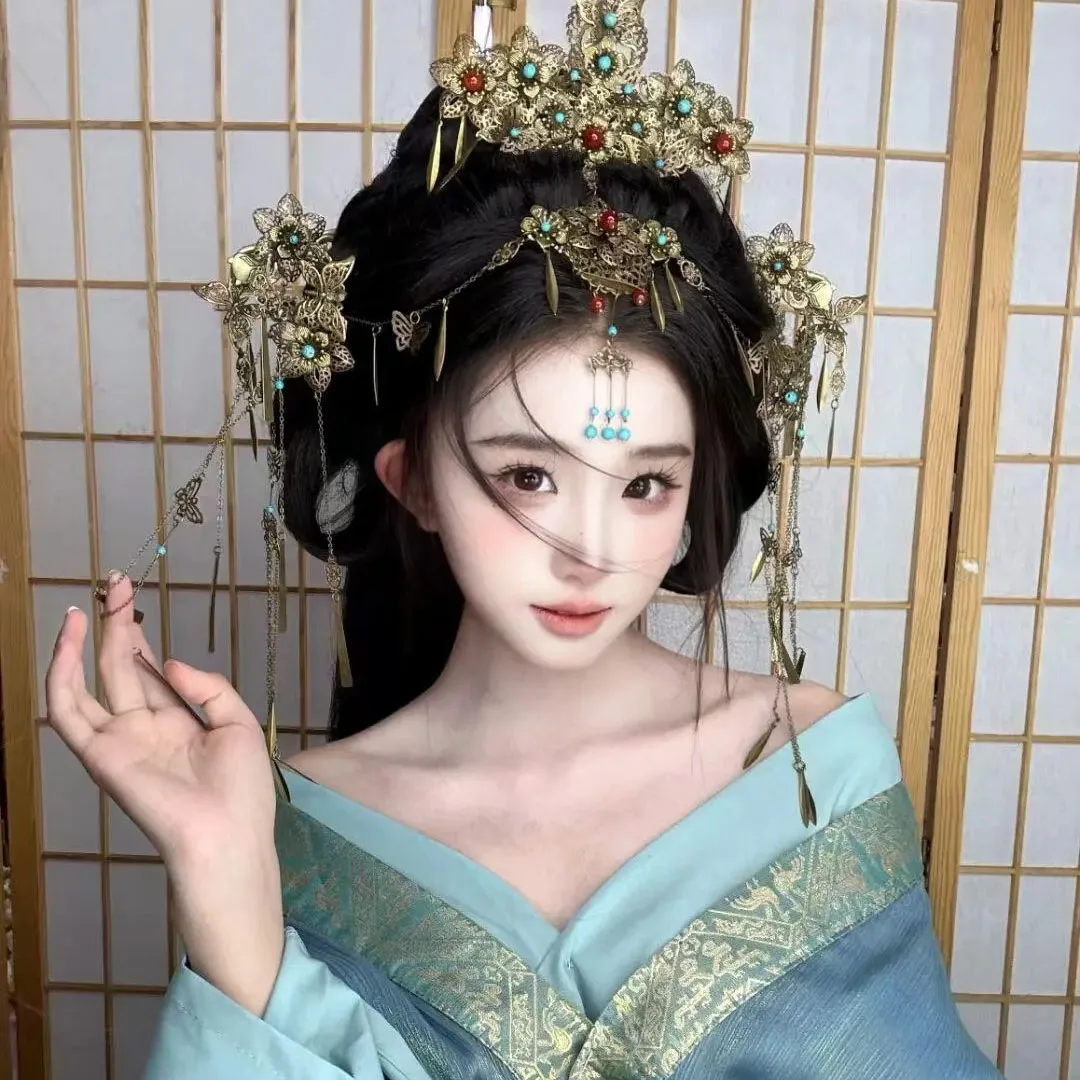 Handmade Bronze Headdress Antique Style Chinese Vintage Nuo Opera Headwear Traditional Cultural Hair Accessory Set