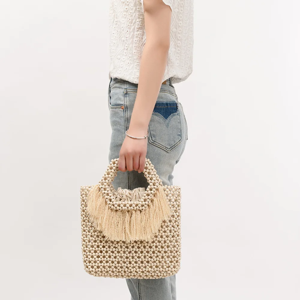

Seaside Vacation Wooden Bead Bags New Ethnic Style Hand Woven Women's Bag Casual Travel Tassel Ladies Handbag Niche Design