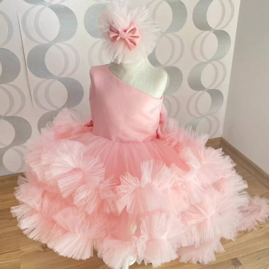 New Custom Flower Girl Dresses Pink Tulle With Detachable Tail Headbow Baby Girls Birthday Party Gowns