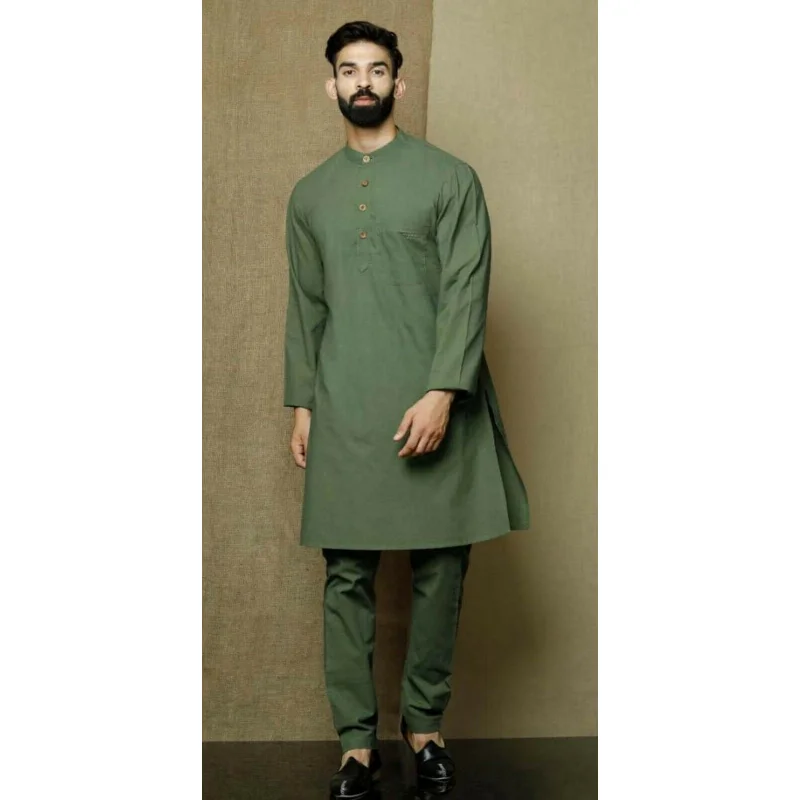 Green Shirt, Traditional Indian Top Shirt Solid Color Men\'s Clothing European and American Fashion Trends