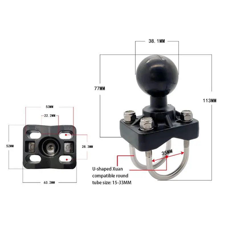 3X Double U-Bolt Motorcycle Bike Handlebar Rail Mount Base With 1.5 Inch Ball For Gopro Camera For Garmin For Sony-N30R