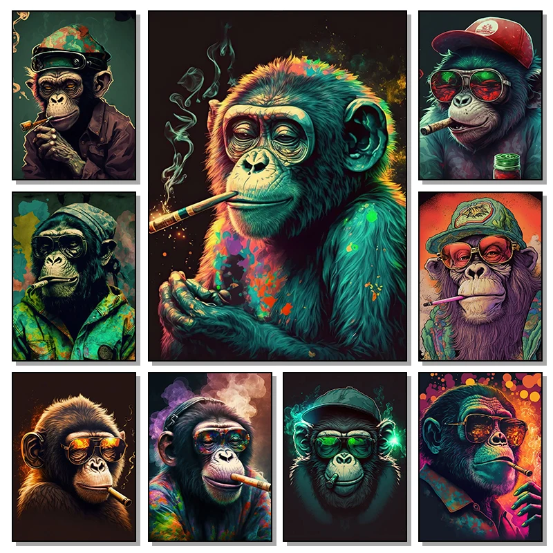 Marijuana Monkey Chimpanzee HD Posters Animal Smoking Wall Art Canvas Painting and Prints for Home Living Room Decor Frameless