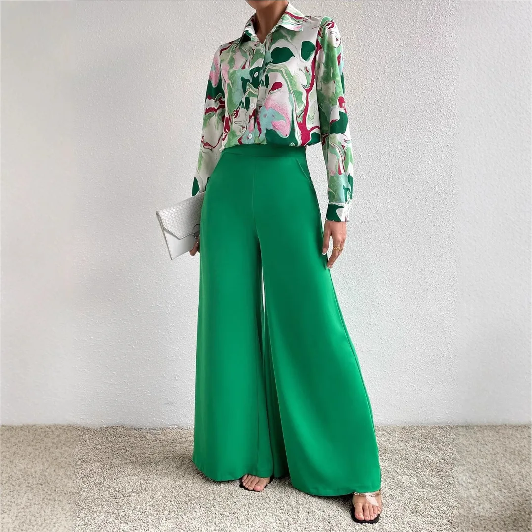 

Fashion Loose Print Shirt Women's 2 Pieces Set 2025 Elegant Long Sleeve Tops With High Wiast Wide Pants Set Female Outfit Autumn