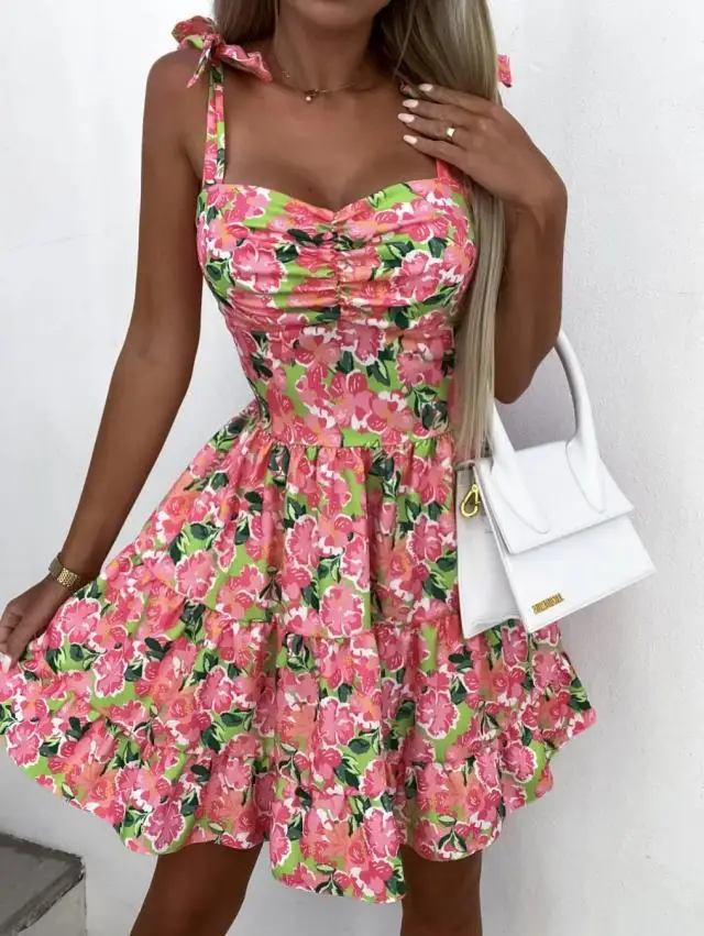 New Fashion Sexy Sleeveless Slash Neck Print Floral Spaghetti Strap Fit And Flare Slim Fit Knee-Length Camisole Dress ,3 Colors