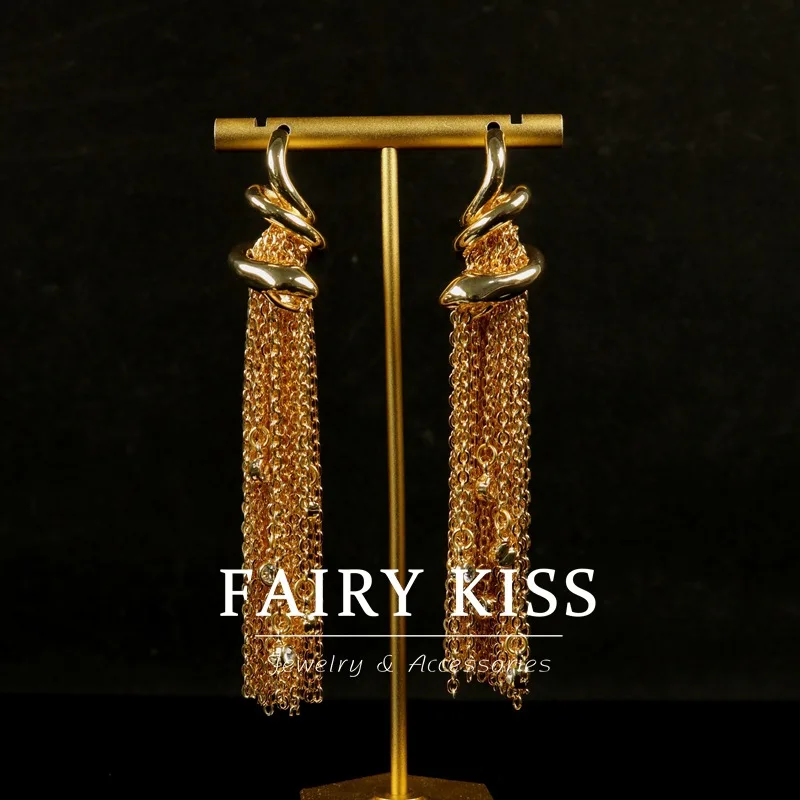 fashion tassel stud earrings copper-plated real gold  diamond cold style earrings S925 silver needle