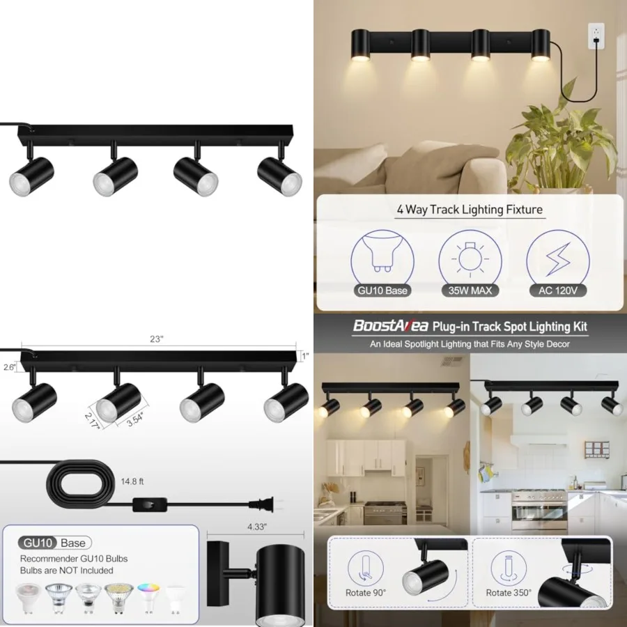 

Plug in Track Lighting, LED Track Light Kit, 4-Light Track Lights for Kitchen, 15 Feet Cord, 23" Ceiling Spotlight, Rotatable W
