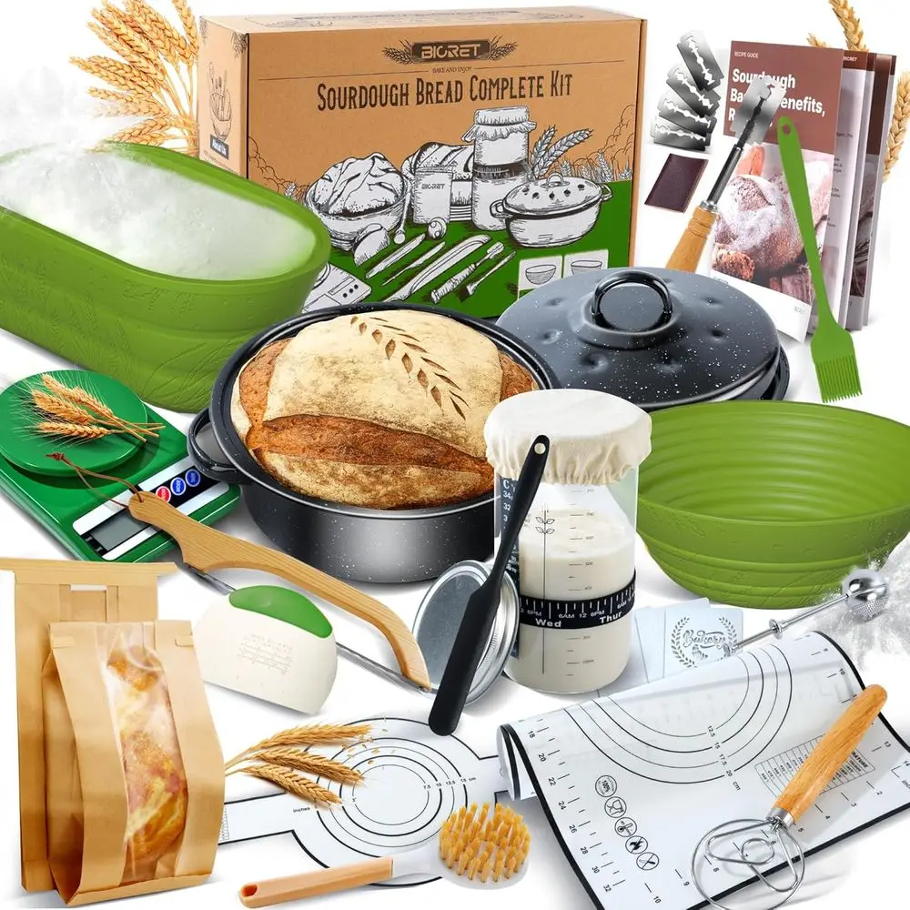 34 oz Sourdough Starter Kit with Pot, 2 Silicone Proofing Baskets, and Bread Making Tools - Green