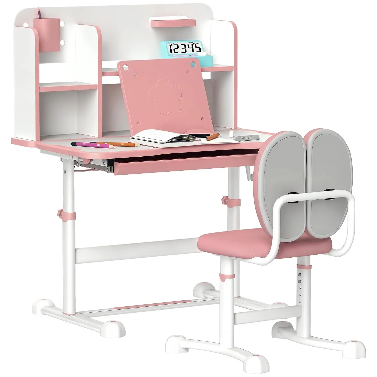 Height Adjustable Kids Study Desk & Chair Set Tilt Desktop Storage Drawer Reading Rack for Writing Drawing, Customized