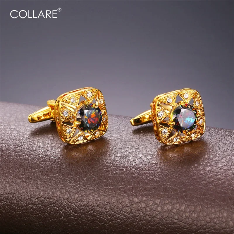 ChainsPro Rainbow Color Cubic Zircon Crystal Cufflinks For Mens Gold Color Luxury Rhinestone Men Jewelry QC24