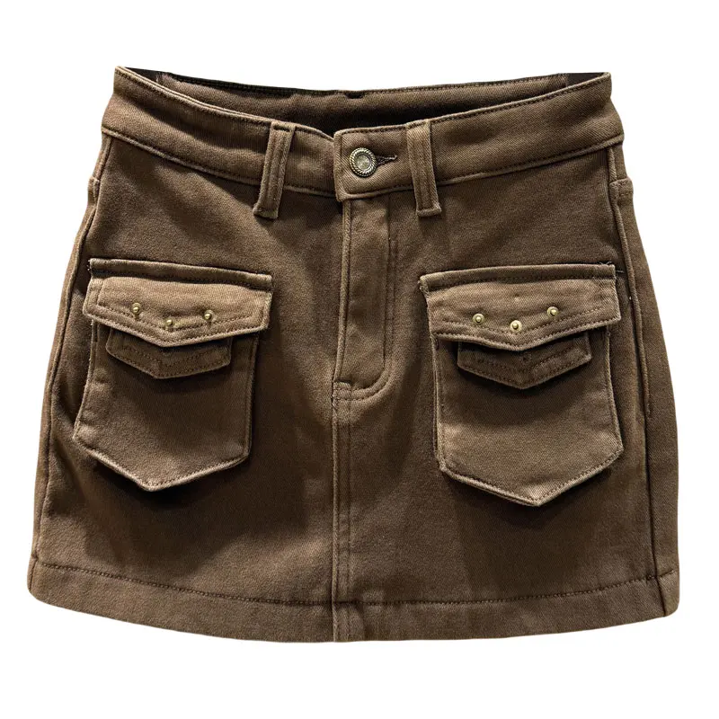 

2025 Fall Winter Vintage High Waist Slimming Workwear Denim Skirt, Women Fleece Lined Anti-Exposure Versatile A-Line Short Skirt