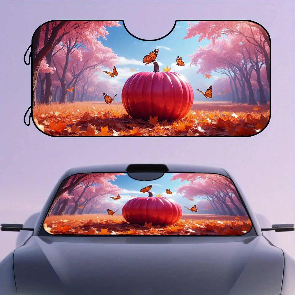 1pc, Foldable Car Sunshade With Halloween Pink Pumpkins Butterflies Autumn Scene Design, Front Windshield Visor For Most Vehicle