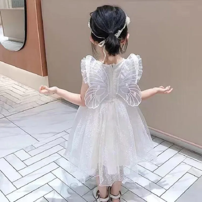 Girls' Summer New White Dress, Stylish Winged Princess Tulle Dress for Girls