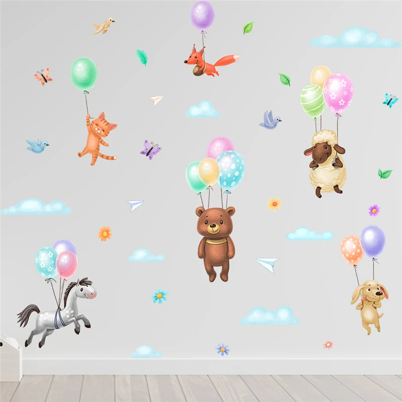 Happy Animals Hanging On Colorful Balloon Wall Sticker For Home Decoration Cartoon Safari Mural Art Kids Room Decal Pvc Poster