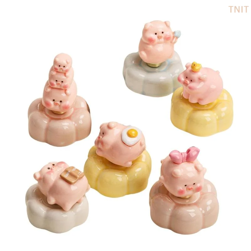 [J] Creative Resin Pink Pig Figurine Stackable Pig Rotating Pig With Bearing Flower Base Desktop Ornament