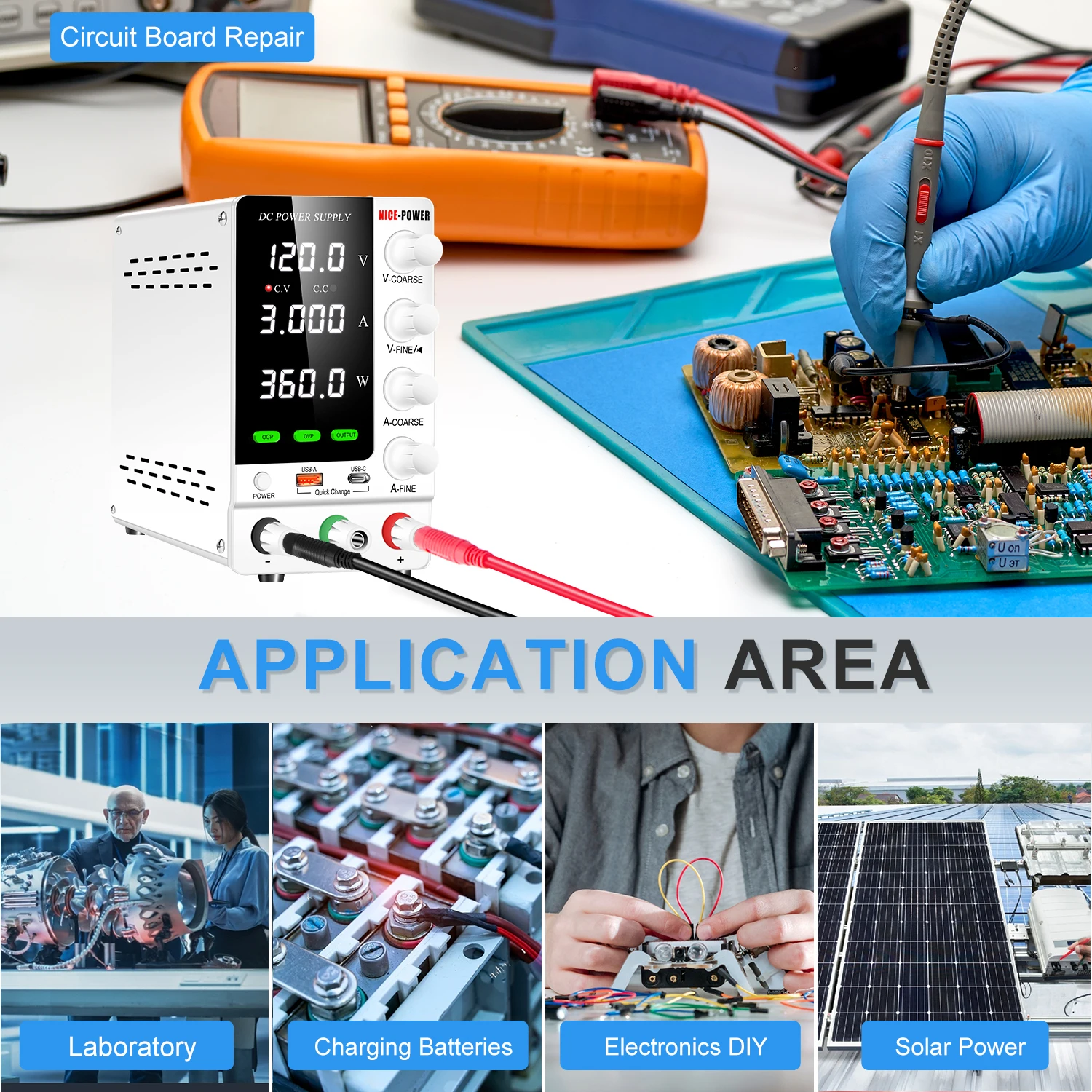 NICE-POWER SPS-C1203S Laboratory DC Power Supply 120V 3A 360W with OCP/OVP USB/Type-C Source Quick Charge for Electronic Design