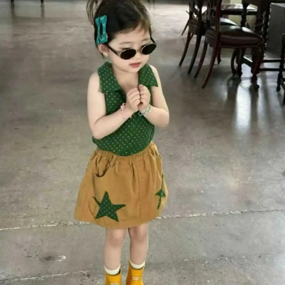Summer New Korean Style Fashion Polka Dot Collar Hanging Neck Vest+short Skirt Two-piece Set for Outdoor Wear