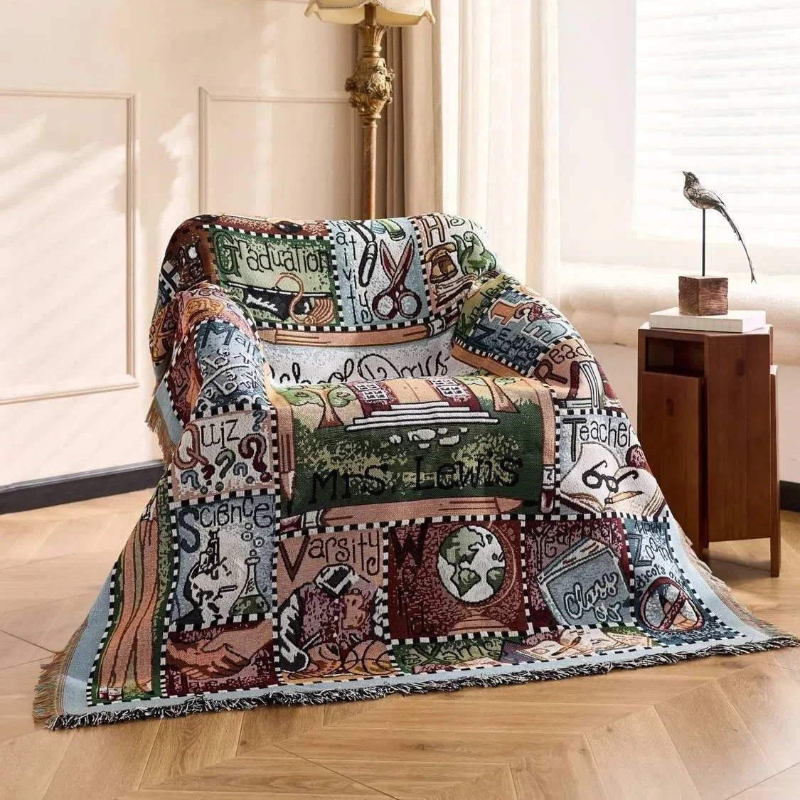 School Days Jacquard Throw Blanket Bohe Teacher Appreciation Woven Tapestry Vintage Classroom Collage Fringe Decor Sofa Cover