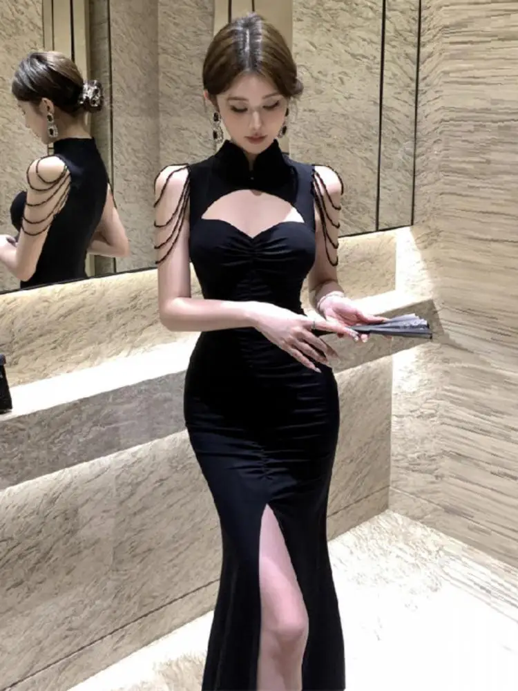 

Chinese Style Summer New Black Off Shoulder Tassel Hollow Out Sleeveless Split Long Dress Women Sexy Elegant Evening Party Dress