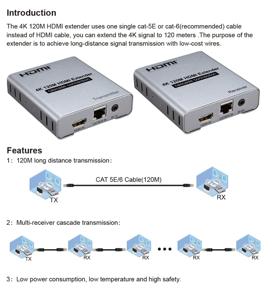 4K HDMI Extender Via Cat5e CAT6 Ethernet Cable 120m Video Transmitter Receiver Converter Support Cascade Connection HDMI Loop