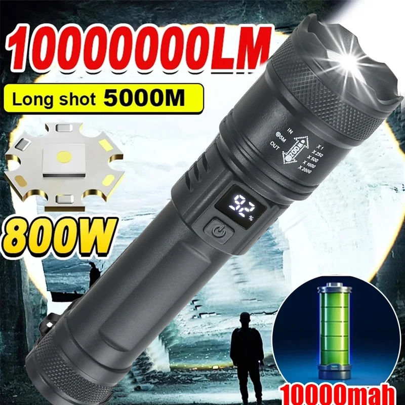 Linternas Led de alta potencia y fuerte, linterna táctica de 2000LM con luz de pantalla, carga USB, Camping, pesca, linterna con Zoom de emergencia