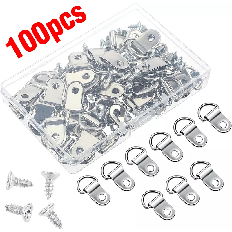 100pcs D-Shaped Photo Frame Hanging Ring with Screw Hook - Easy to Install Picture Frame Hardware Accessory Dark Buckle Design