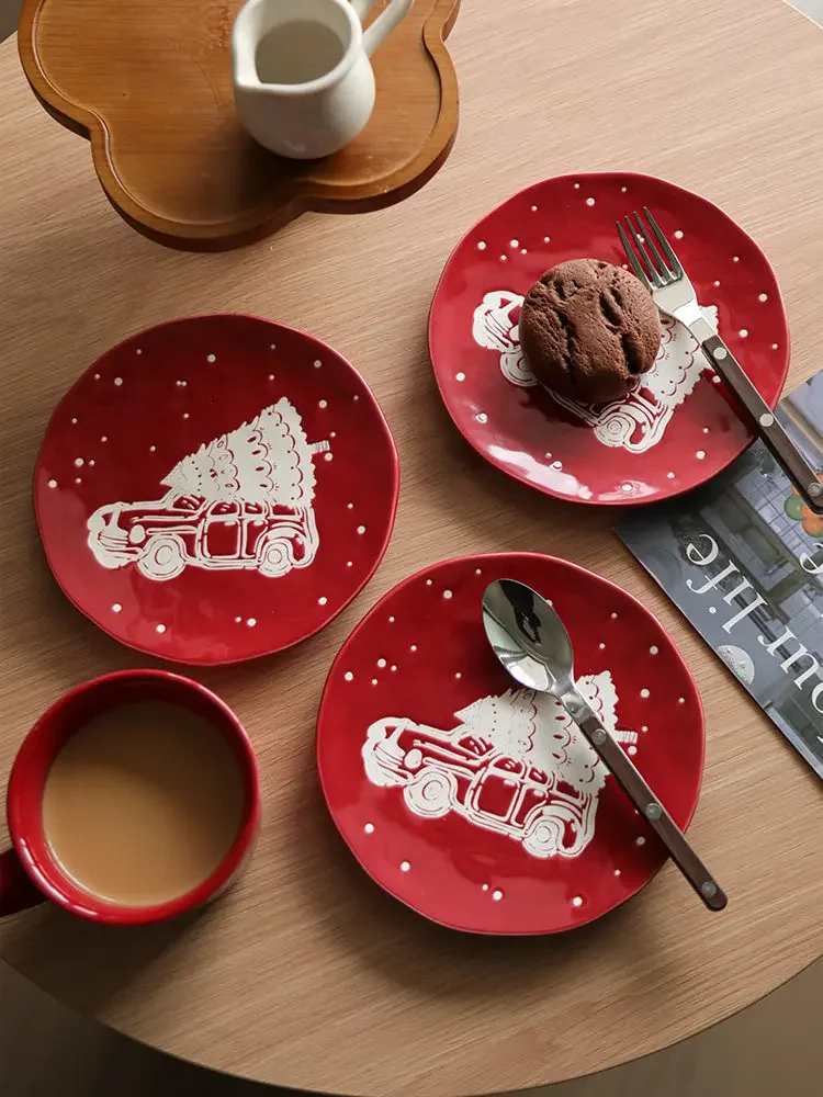 Red Christmas Tree Ceramic Dessert Plate Underglaze Colored Afternoon Tea Dining Plates Ins Style Christmas Gift Tablewares
