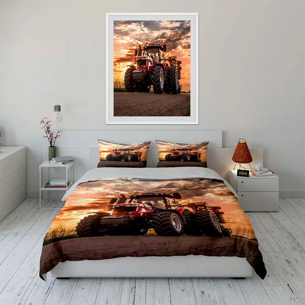 Red tractor driving under sunset Print Soft Comfortable Duvet Cover Bedding Set Included 1*Duvet Cover  2*Pillowcases