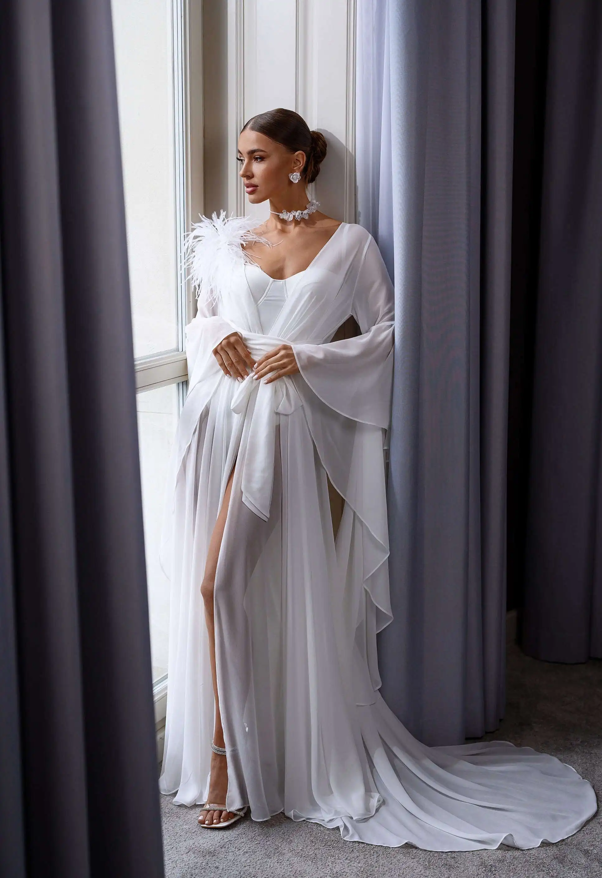 Elegant Bride Robe And Nightgown Split Long Sleeve Gowns Photo shoot Sleepwear Bathrobe Prom Bridesmaid Pajamas Custom Made